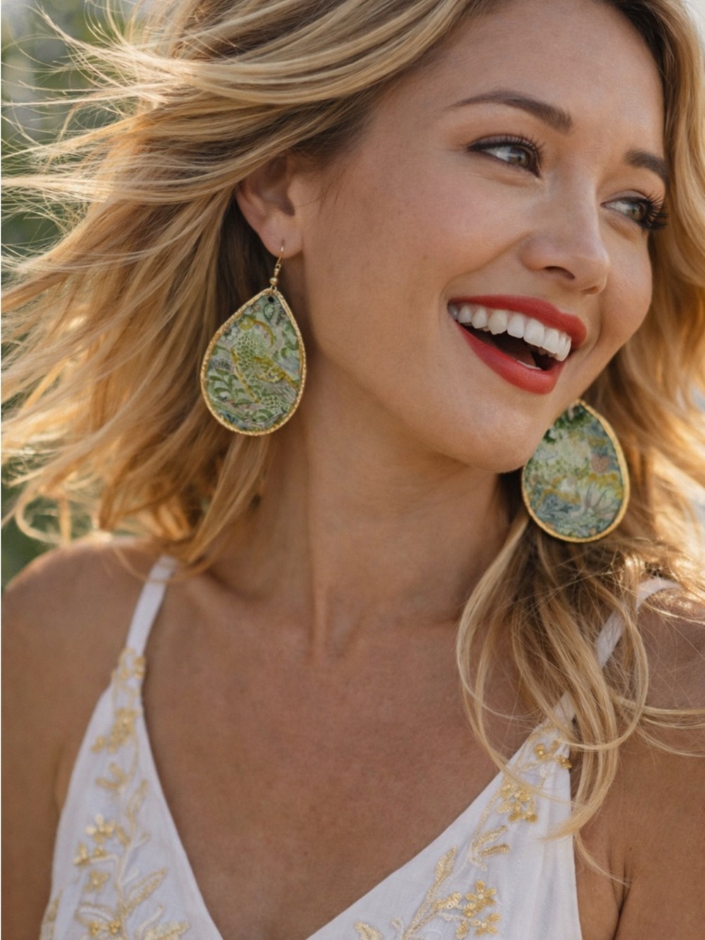 Handmade  Green & Gold Teardrop Earrings – Elegant Statement Faux Glass - NWOT